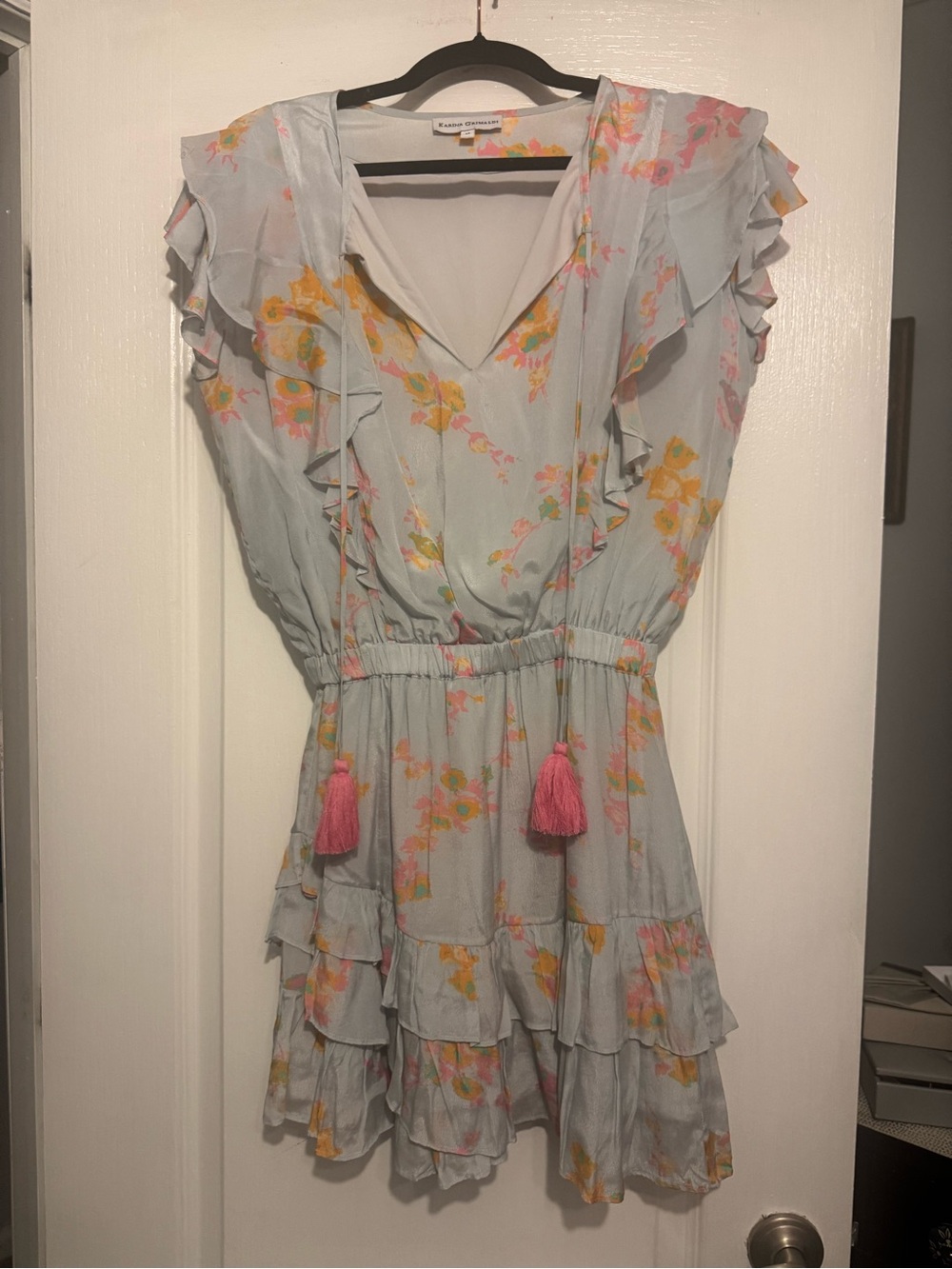 Karina Grimaldi Light Blue Floral Ruffle Mini Dress with Pink Tassels